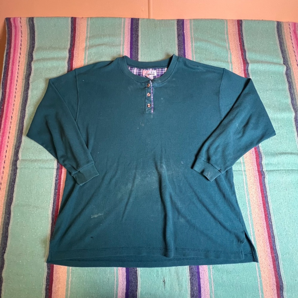 Soft Sensations Henley Waffle Knit Shirt Womens XL Teal Green Plaid Trim Grunge
